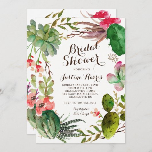 cactus, bruids douche uitnodiging succulenten, (Voorkant / Achterkant)