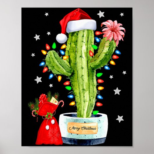 Cactus Christmas Sweater Lights Santa Xmas Plant L Poster (Voorkant)
