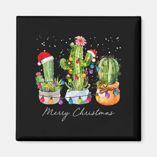 Cactus Christmas Xmas Trees Lights Santa Hat Cactu Magneet (Voorkant)