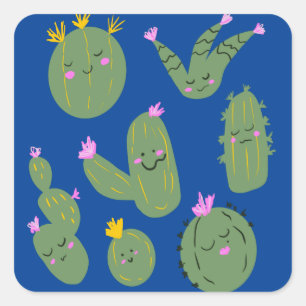 Cactus Doodle Cartoon Grappige Blauwe Vierkante Sticker