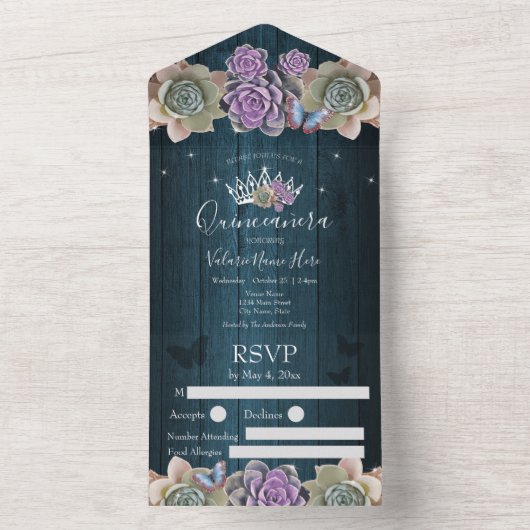 Cactus en Butterfly Elegant Quinceanera wood All In One Uitnodiging (Binnen)