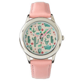 cactus en ladybug patroon - beige achtergrond horloge