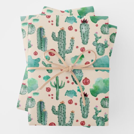 cactus en ladybug patroon - beige achtergrond inpakpapier vel (In situ)