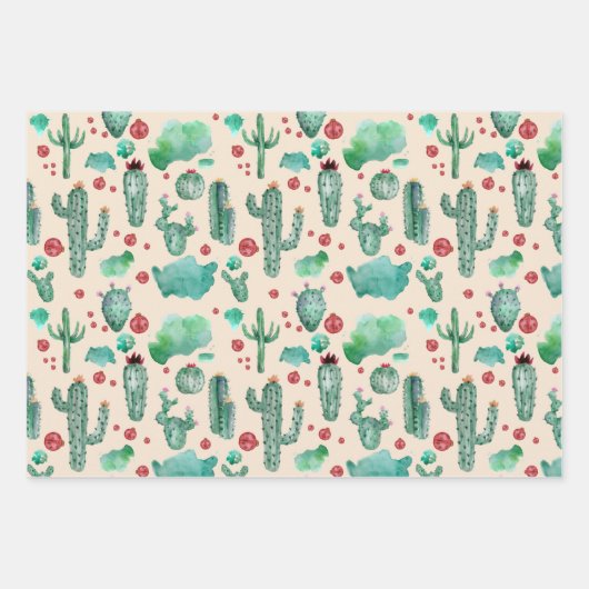 cactus en ladybug patroon - beige achtergrond inpakpapier vel (Voorkant)