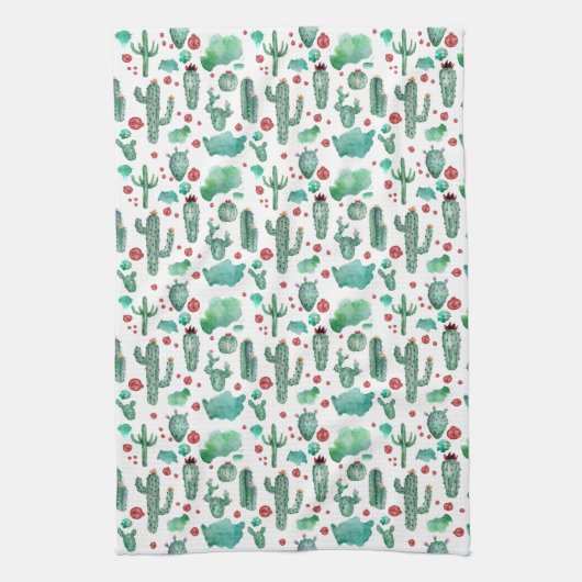 cactus en ladybug patroon - witte achtergrond theedoek (Verticaal)