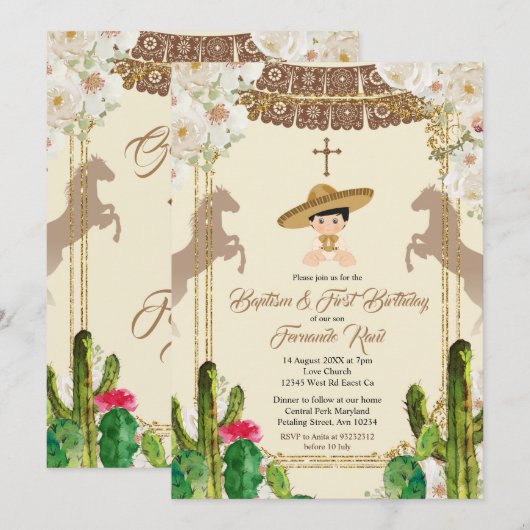 Cactus Fiesta Boy Baptism and Birthday Invitation Kaart (Voorkant / Achterkant)