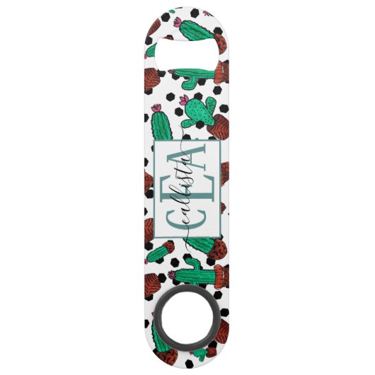 Cactus Floral Hexagon Pattern Waterverf Monogram Speed Flessenopener (Voorkant)