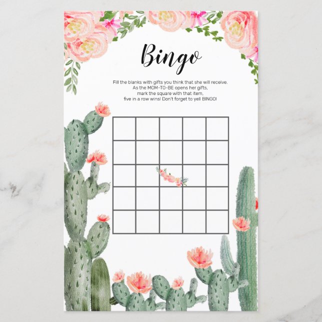 Cactus Floral Waterverf Bingo Game (Voorkant)