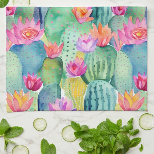 Cactus Flower Art Desert Kleurrijk Zuidwesten Theedoek (Gevouwen)
