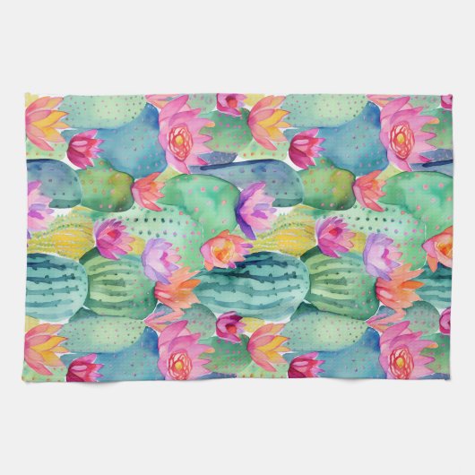 Cactus Flower Art Desert Kleurrijk Zuidwesten Theedoek (Horizontaal)