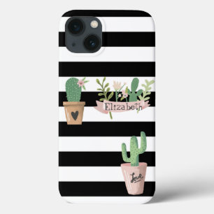 Cactus Flower Black White Stripes iPhone 13 Hoesje