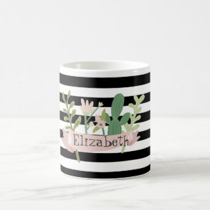 Cactus Flower Black White Stripes Koffiemok