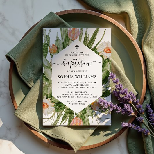 Cactus Flowers Frame Baptism Invitation