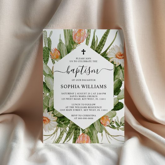 Cactus Flowers Frame Baptism Invitation