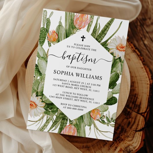 Cactus Flowers Frame Baptism Invitation Kaart