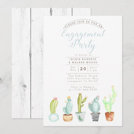 Cactus Garden | Waterverf Engagement Party Uitnodi Kaart (Voorkant / Achterkant)