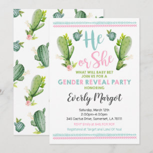 Cactus Gender Reveal Party Invitation Baby Revey