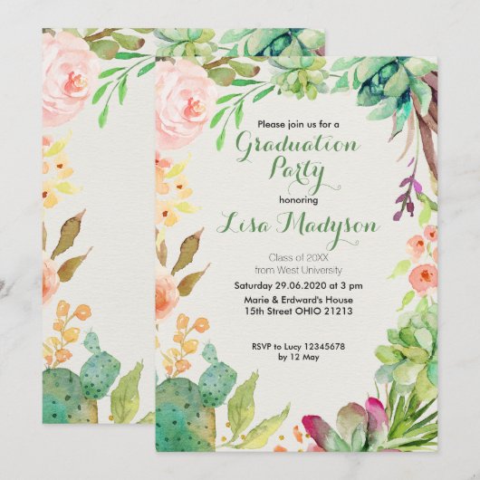 Cactus Graduation Party Invitation Southwestern Kaart (Voorkant / Achterkant)