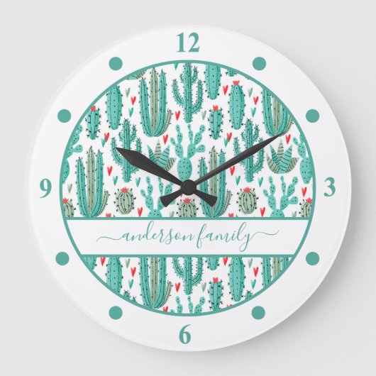 Cactus green white family monogram grote klok (Voorkant)