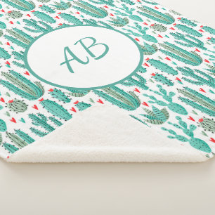 Cactus green white whimsical patroonmonogram sherpa deken