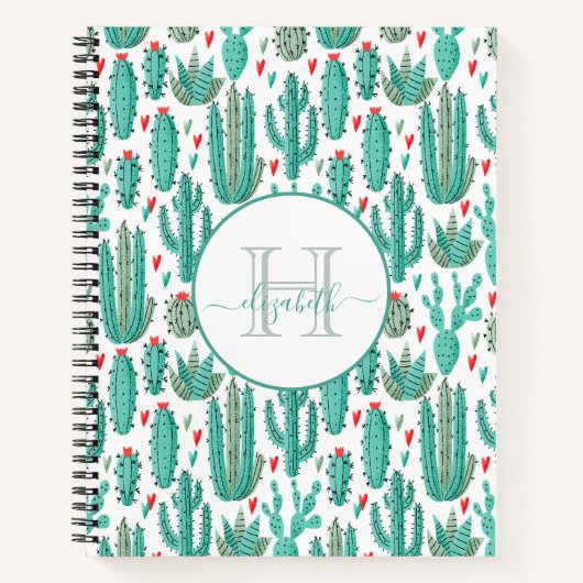 Cactus groen wit patroonmonogram notitieboek (Voorkant)