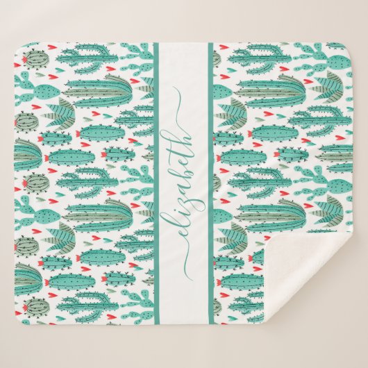 Cactus groen wit patroonmonogram sherpa deken (Voorkant (horizontaal))