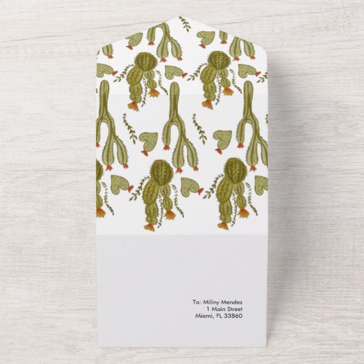 Cactus Hearts Waterverf Hand Painted Wedding All In One Uitnodiging (Buitenkant)