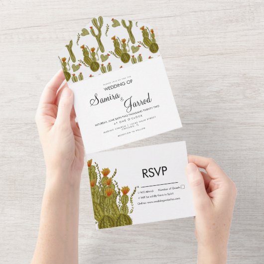 Cactus Hearts Waterverf Hand Painted Wedding All In One Uitnodiging (Afscheurbaar)