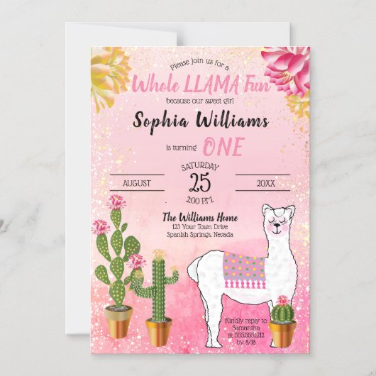 Cactus | Het gehele meisje van Llama 1e verjaardag Magnetische Uitnodiging (Voorkant)