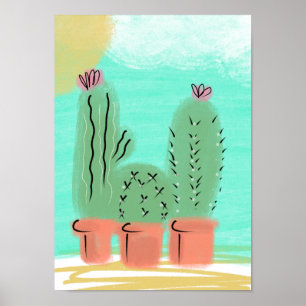 Cactus in potten Zon Scenische Illustratie Poster
