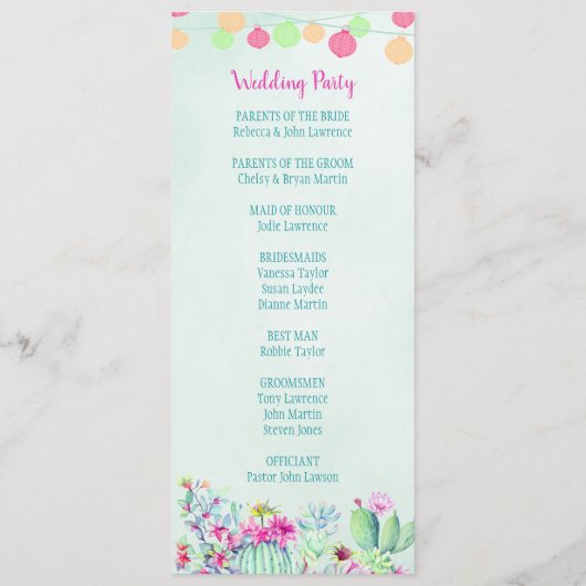 Cactus Lantern Fiesta Programme de Mariage Succule (Dos)