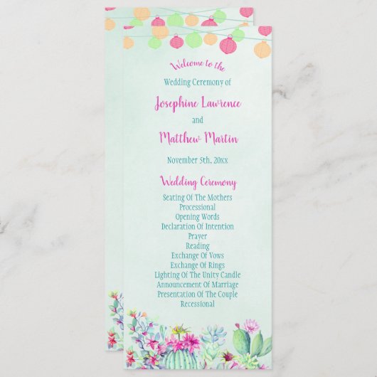 Cactus Lantern Fiesta Programme de Mariage Succule (Devant / Derrière)