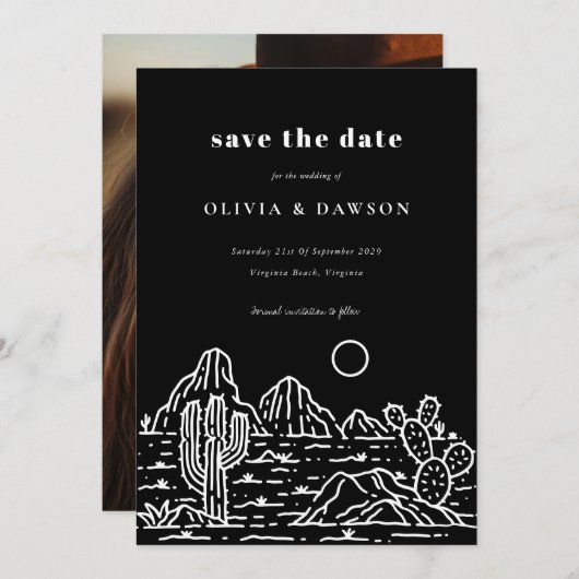 Cactus Line Art Desert Photo Save the Date Kaart (Voorkant / Achterkant)