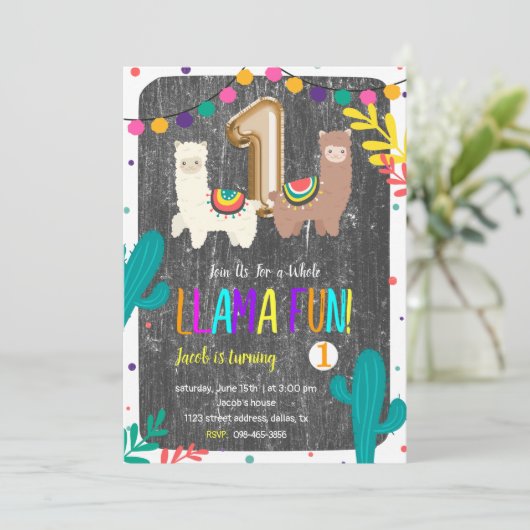 Cactus Llama Fun 1e verjaardag Uitnodiging (Staand voorkant)