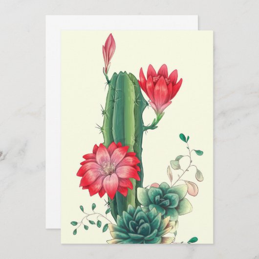 Cactus met bloemen save the date (Voorkant / Achterkant)