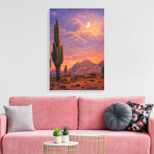 Cactus onder maan bij zonsondergang zuidwesterse k canvas afdruk