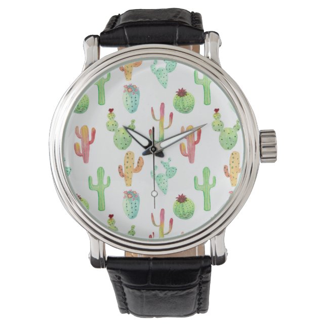 Cactus Pastel Waterverf Patroon Horloge (Voorkant)