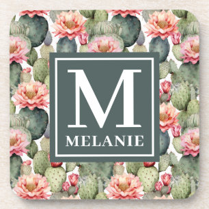 Cactus patroon roze bloemen monogram bier onderzetter