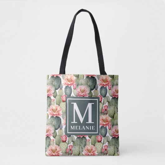 Cactus patroon roze bloemen monogram draagtas (Voorkant)