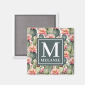Cactus patroon roze bloemen monogram magneet (Voorkant / Achterkant)