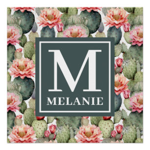 Cactus patroon roze bloemen monogram perfect poster