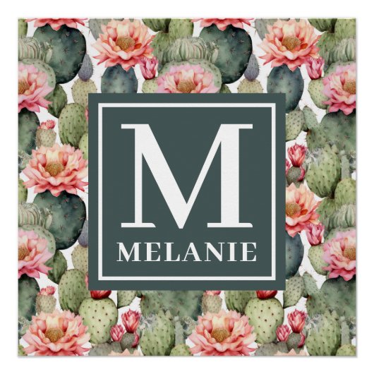 Cactus patroon roze bloemen monogram perfect poster (Voorkant)