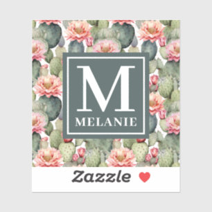 Cactus patroon roze bloemen monogram sticker