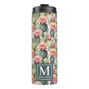 Cactus patroon roze bloemen monogram thermosbeker