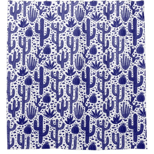 Cactus Pattern - Donkerblauw en wit Douchegordijn (Voorkant)