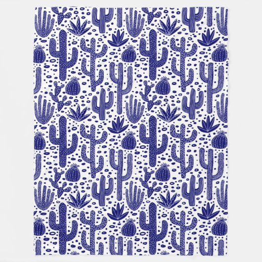 Cactus Pattern - Donkerblauw en wit Fleece Deken (Voorkant)