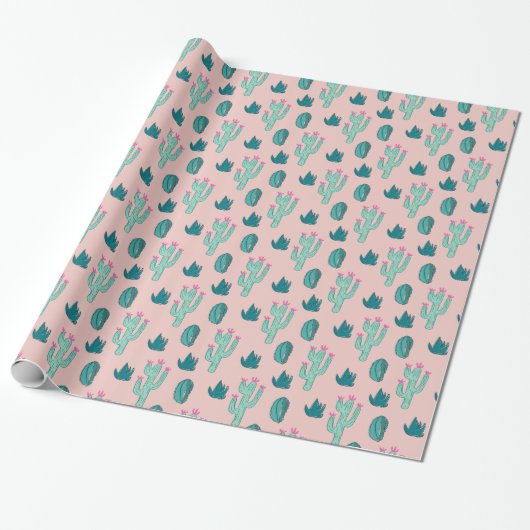 Cactus Pattern Pink and Green Cadeaupapier (Uitgerold)
