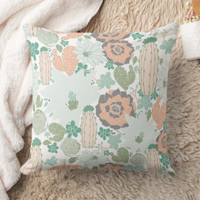 Cactus Pattern Print Cute Coral Mint Green White Kussen (Deken)