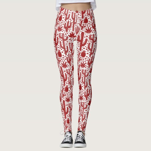 Cactus Pattern - Ruby Red en White Leggings (Voorkant)