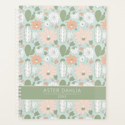 Cactus Peach Green Floral Motif Avec Nom (Devant)